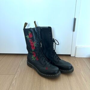 Dr. Martens Black Boots with Red Floral Embroidery